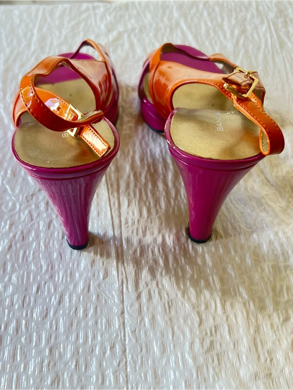 Bandolino Orange and Pink Patent Slingback Heels